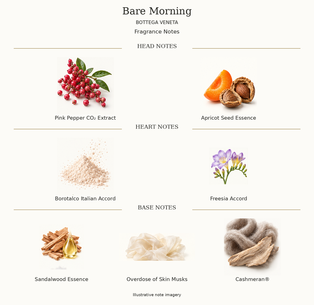 BARE MORNING by BOTTEGA VENETA complete disclosed fragrance notes chart with illustrative ingredient imagery