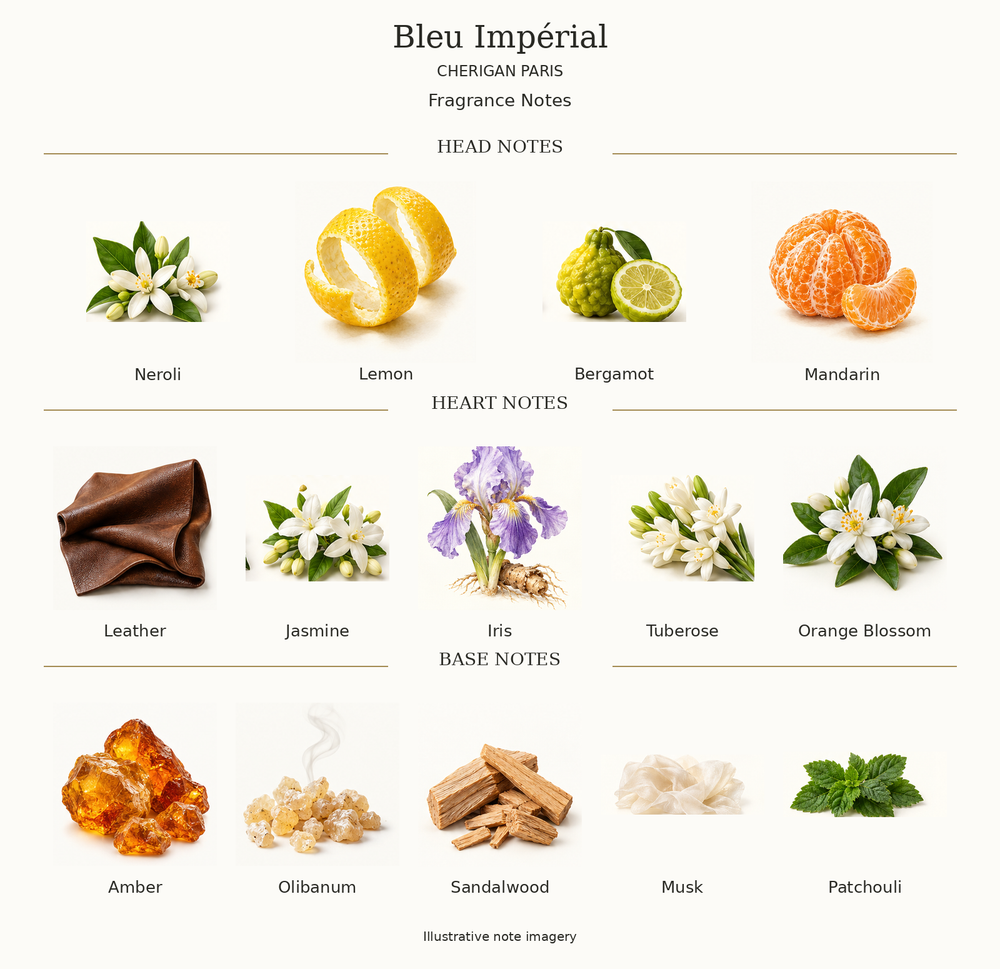 BLEU IMPÉRIAL by CHERIGAN PARIS complete disclosed fragrance notes chart with illustrative ingredient imagery