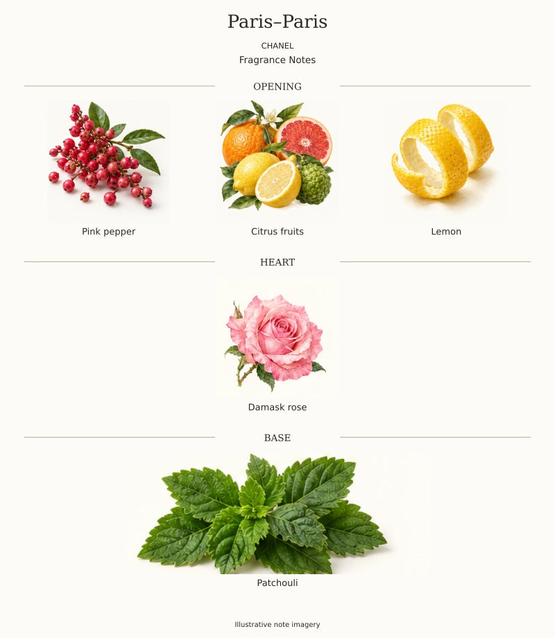 CHANEL Paris–Paris complete fragrance notes chart, 5 individual notes