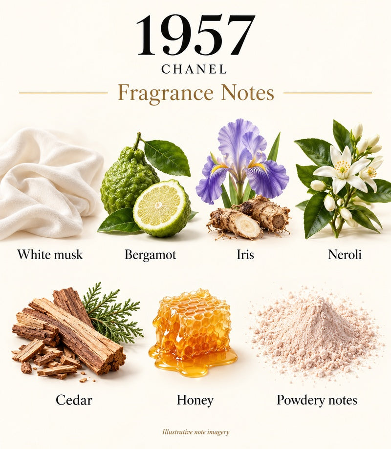 CHANEL 1957 — illustrative fragrance notes: white musk, bergamot, iris, neroli, cedar, honey and powdery notes