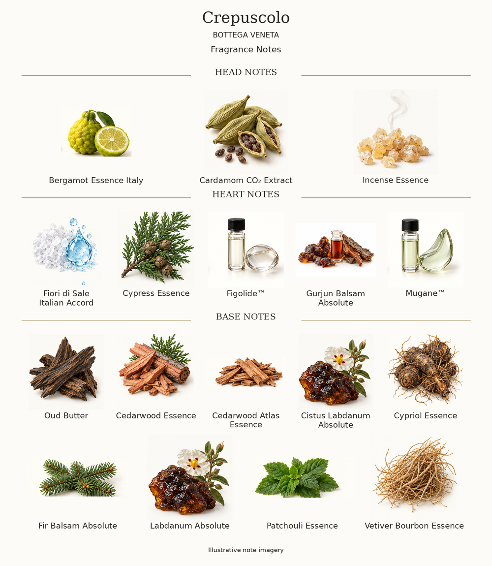 CREPUSCOLO by BOTTEGA VENETA complete disclosed fragrance notes chart with illustrative ingredient imagery