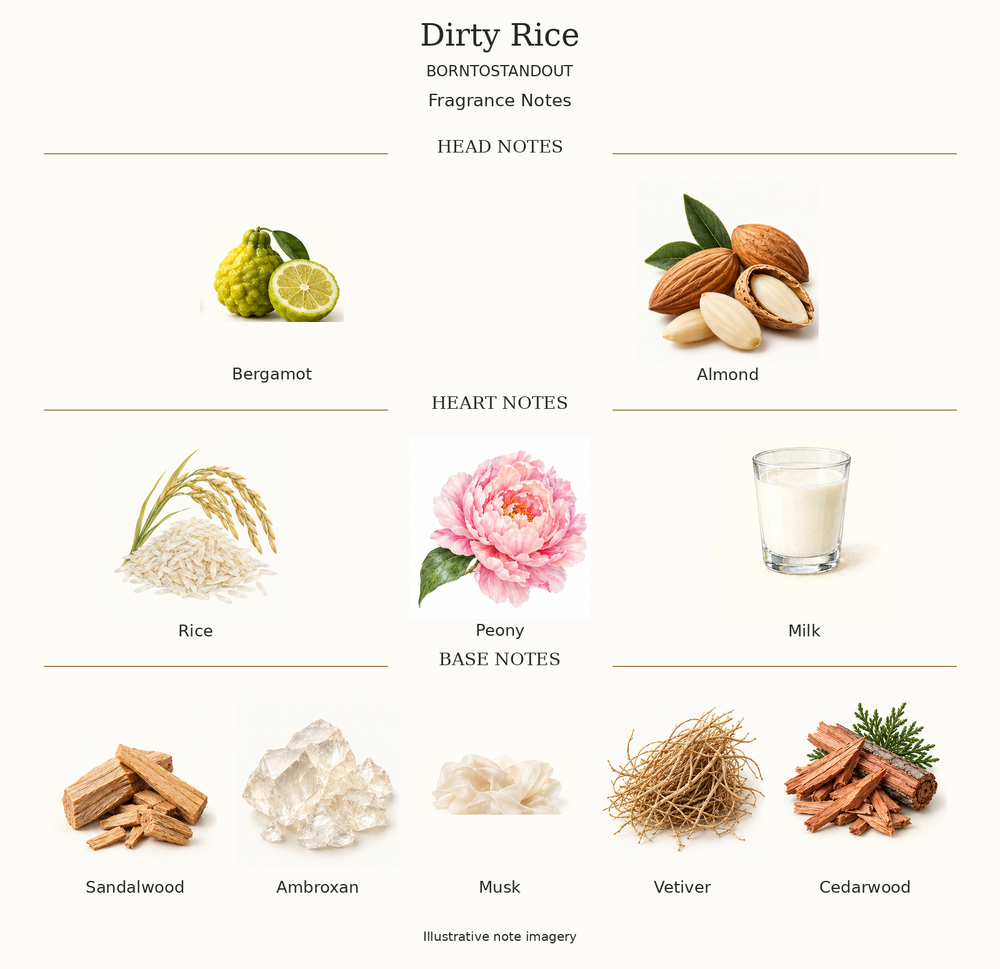 DIRTY RICE by BORNTOSTANDOUT complete disclosed fragrance notes chart with illustrative ingredient imagery
