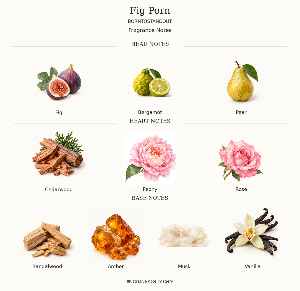 FIG PORN by BORNTOSTANDOUT complete disclosed fragrance notes chart with illustrative ingredient imagery