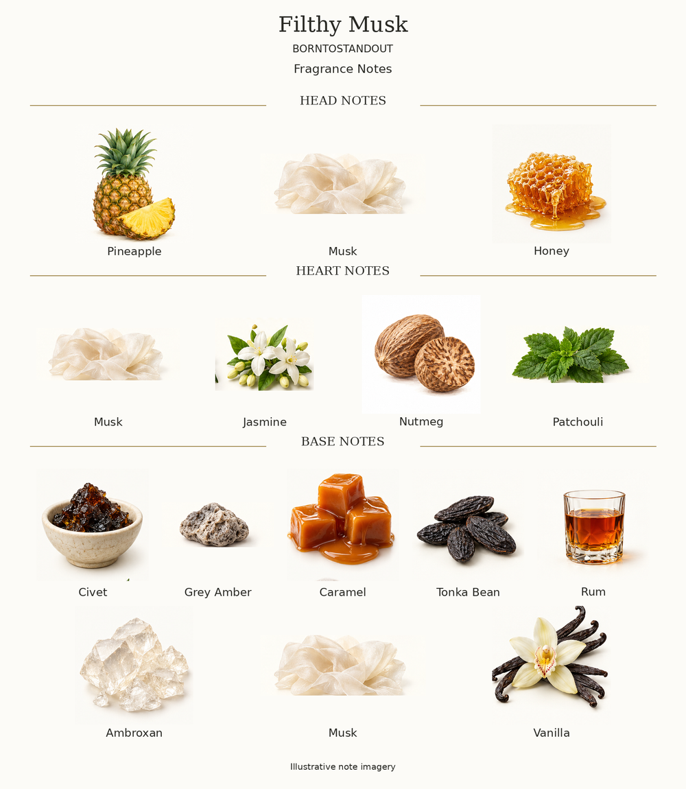 FILTHY MUSK by BORNTOSTANDOUT complete disclosed fragrance notes chart with illustrative ingredient imagery