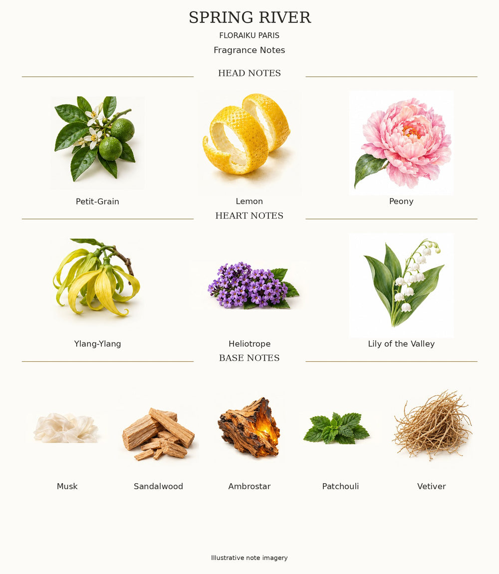 SPRING RIVER by Floraïku Paris — complete head, heart and base notes with ingredient illustrations