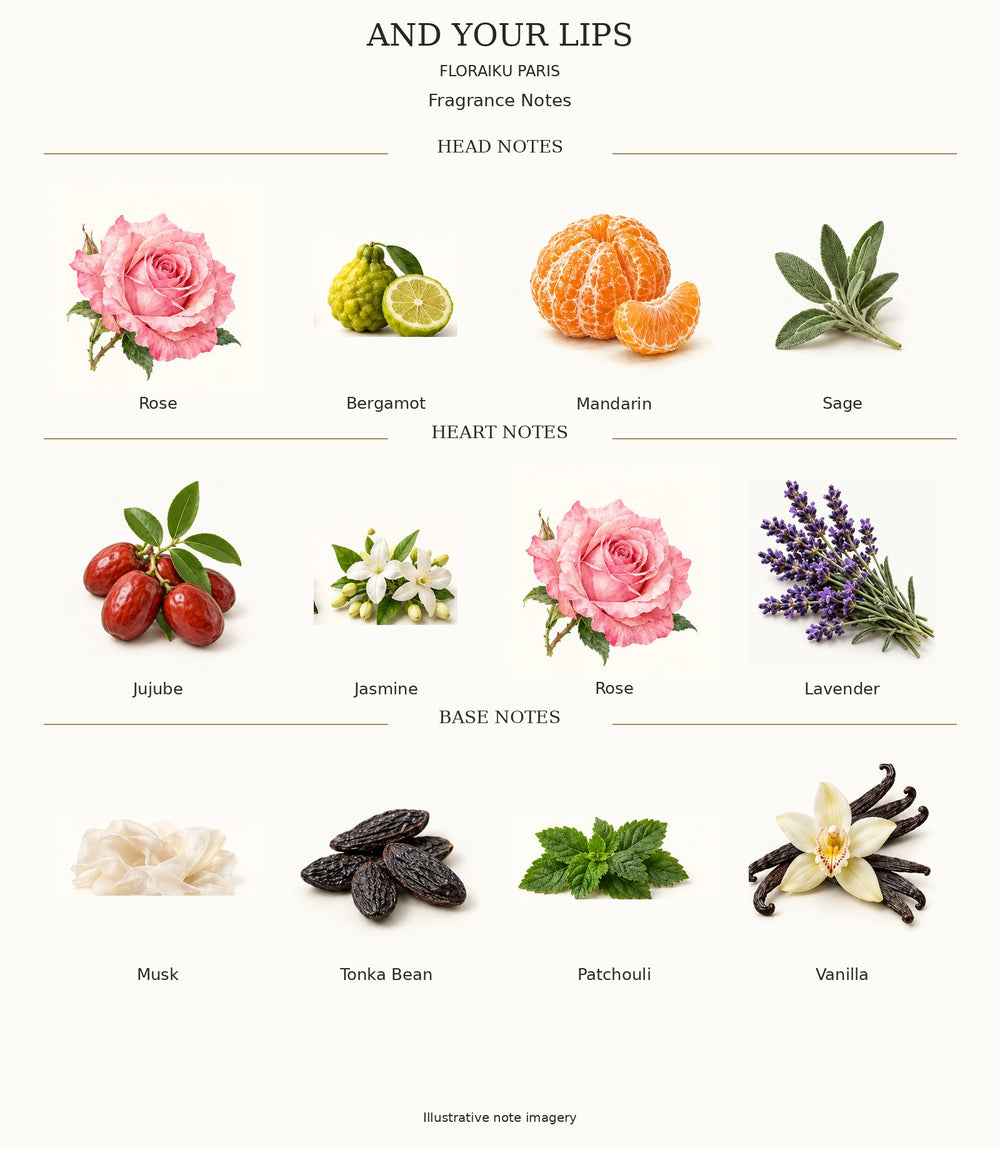 AND YOUR LIPS by Floraïku Paris — complete head, heart and base notes with ingredient illustrations