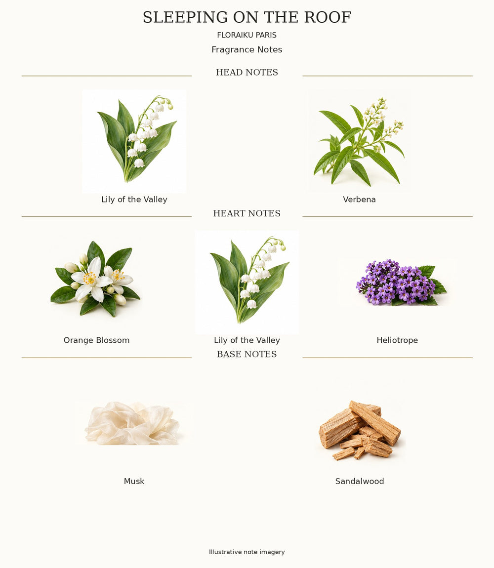 SLEEPING ON THE ROOF by Floraïku Paris — complete head, heart and base notes with ingredient illustrations