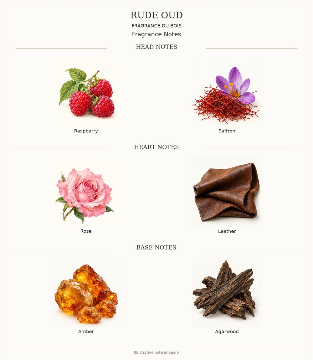 RUDE OUD — complete individually labelled head, heart and base fragrance notes