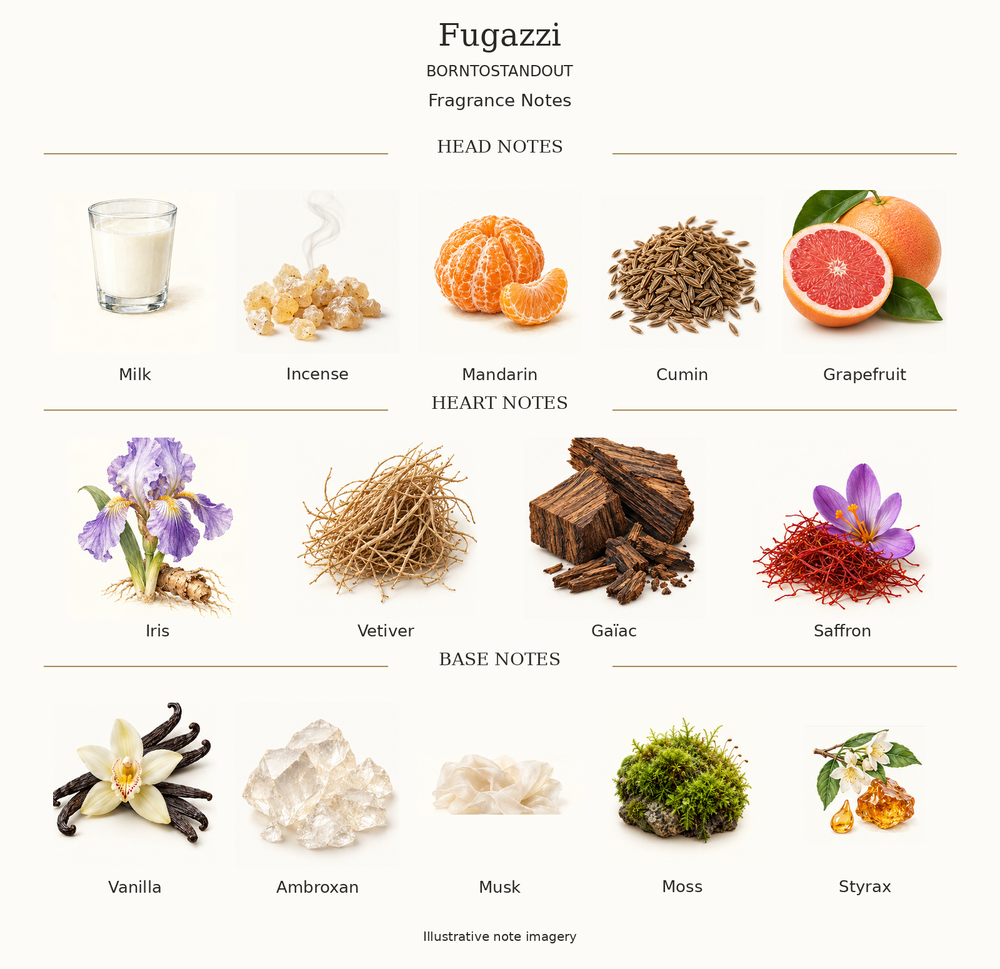 FUGAZZI by BORNTOSTANDOUT complete disclosed fragrance notes chart with illustrative ingredient imagery
