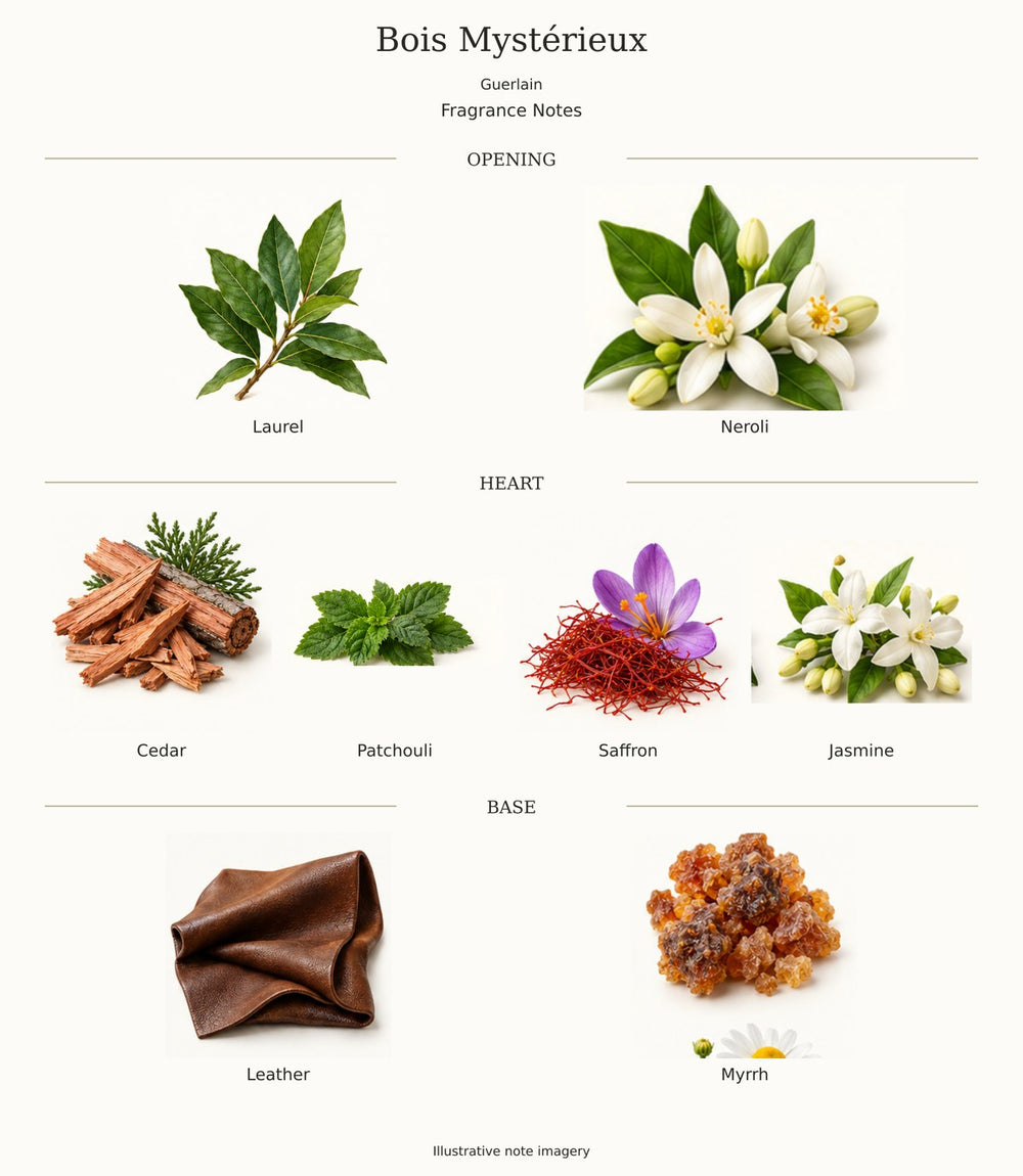 Bois Mystérieux by Guerlain — complete fragrance notes; illustrative ingredient imagery