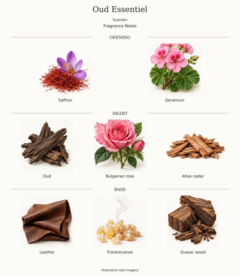 Oud Essentiel by Guerlain — complete fragrance notes; illustrative ingredient imagery