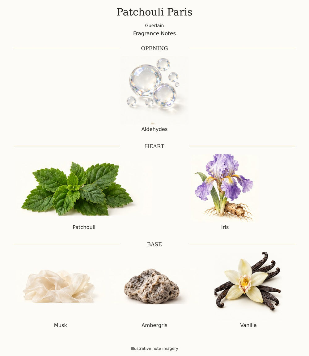 Patchouli Paris by Guerlain — complete fragrance notes; illustrative ingredient imagery