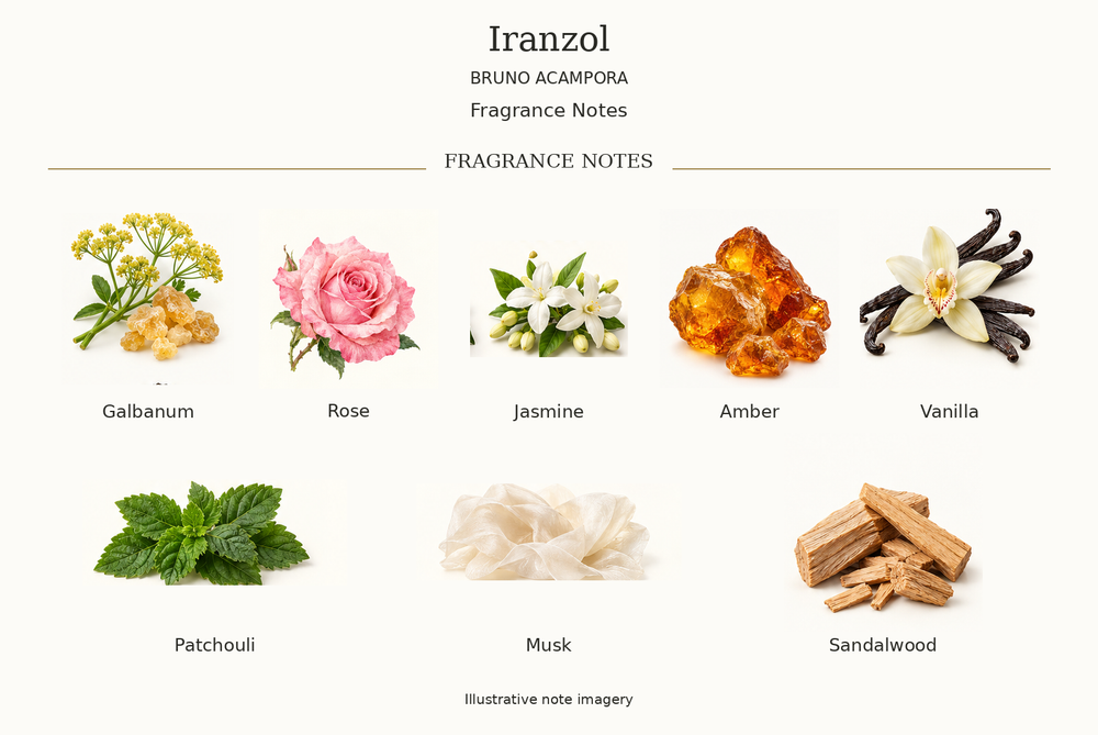 IRANZOL by BRUNO ACAMPORA complete disclosed fragrance notes chart with illustrative ingredient imagery