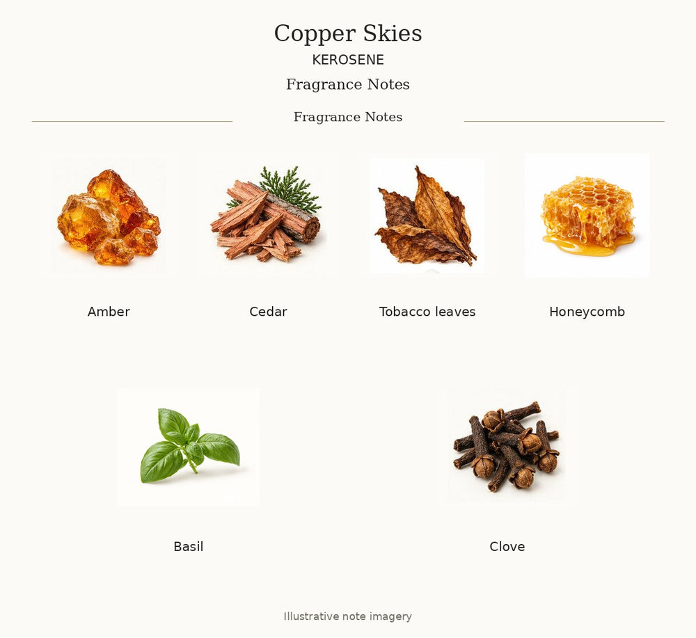 COPPER SKIES — complete illustrated fragrance notes: Fragrance Notes: Amber, Cedar, Tobacco leaves, Honeycomb, Basil, Clove