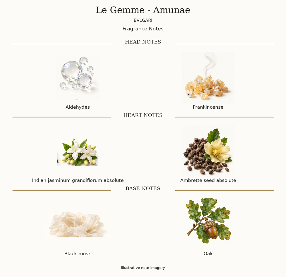 LE GEMME - AMUNAE by BVLGARI complete disclosed fragrance notes chart with illustrative ingredient imagery