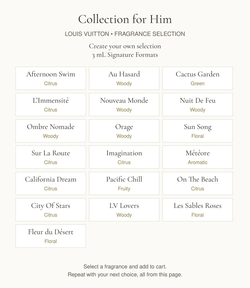 LOUIS VUITTON Collection for Him: 19 individual fragrance choices with verified primary fragrance families; select, add to cart and repeat