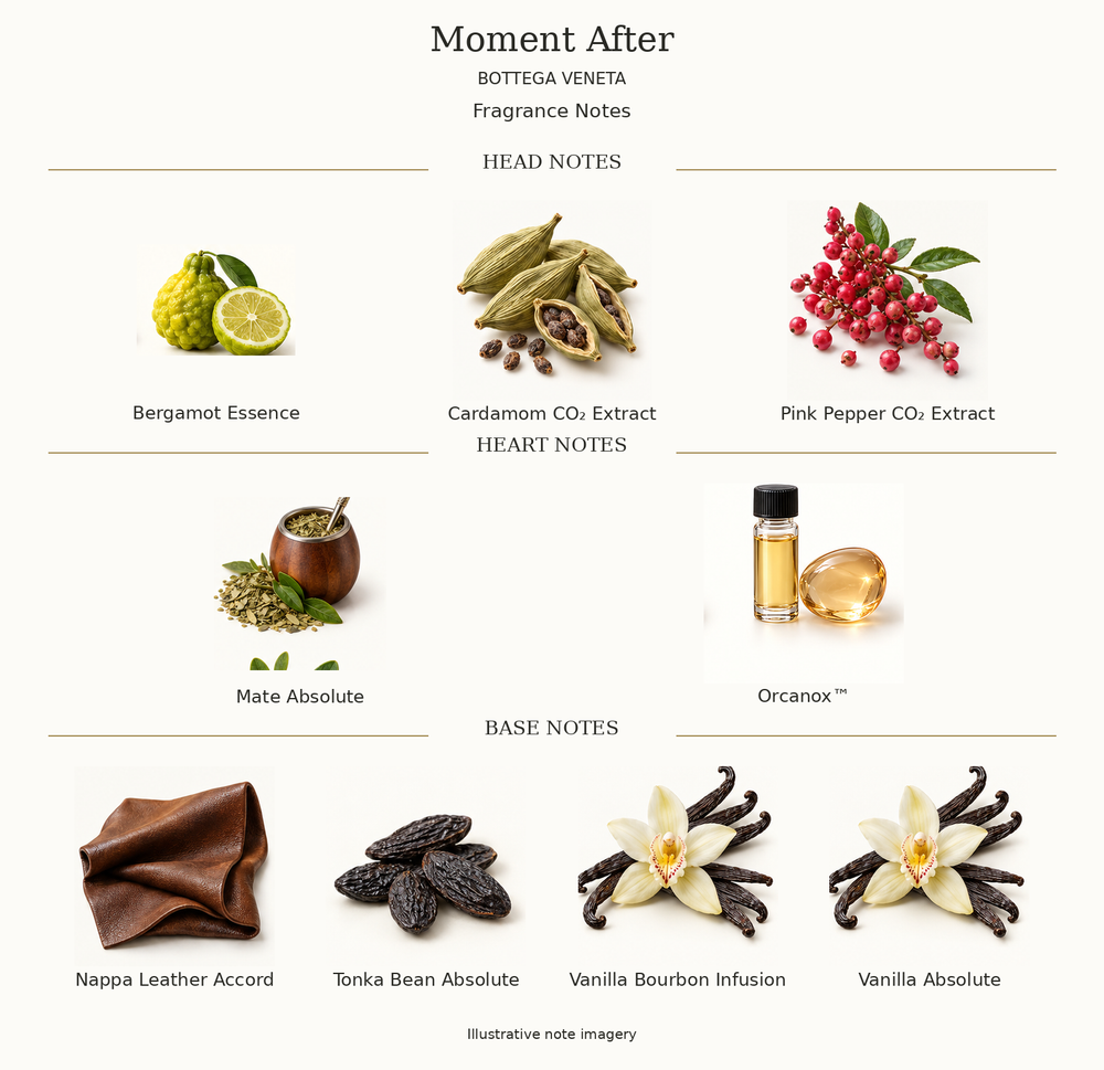 MOMENT AFTER by BOTTEGA VENETA complete disclosed fragrance notes chart with illustrative ingredient imagery