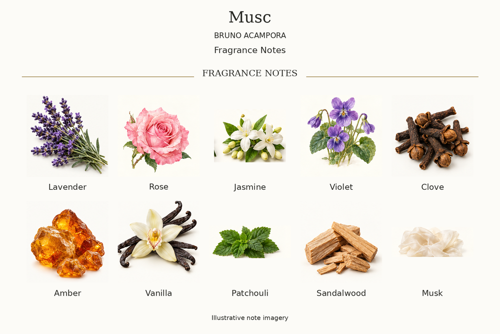 MUSC by BRUNO ACAMPORA complete disclosed fragrance notes chart with illustrative ingredient imagery