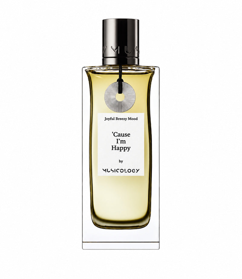 'CAUSE I'M HAPPY by Musicology — authentic original 95 ml bottle on pure white
