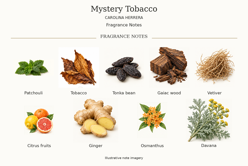 MYSTERY TOBACCO by CAROLINA HERRERA complete disclosed fragrance notes chart with illustrative ingredient imagery