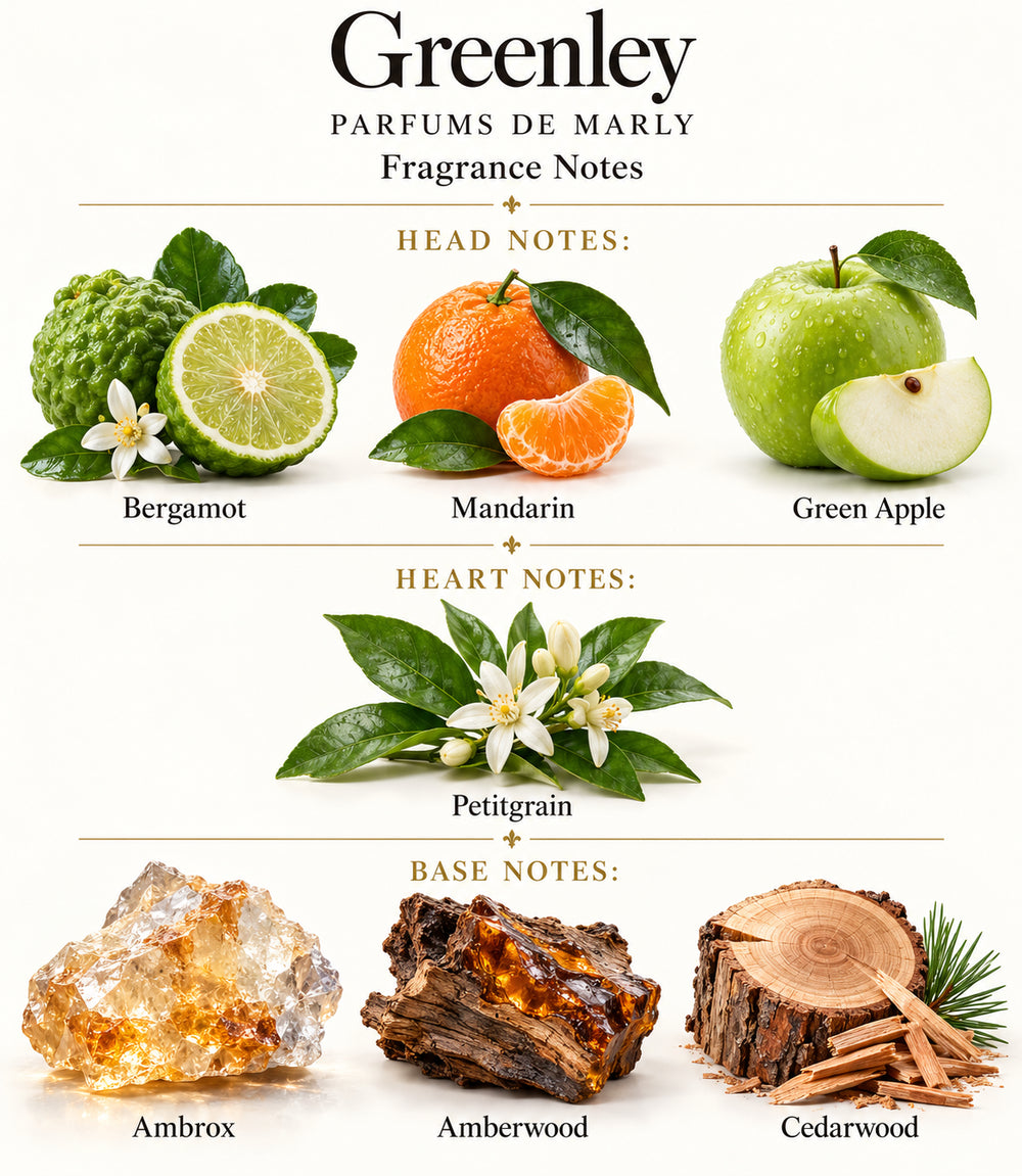 GREENLEY: complete illustrated fragrance notes with individually labelled ingredients
