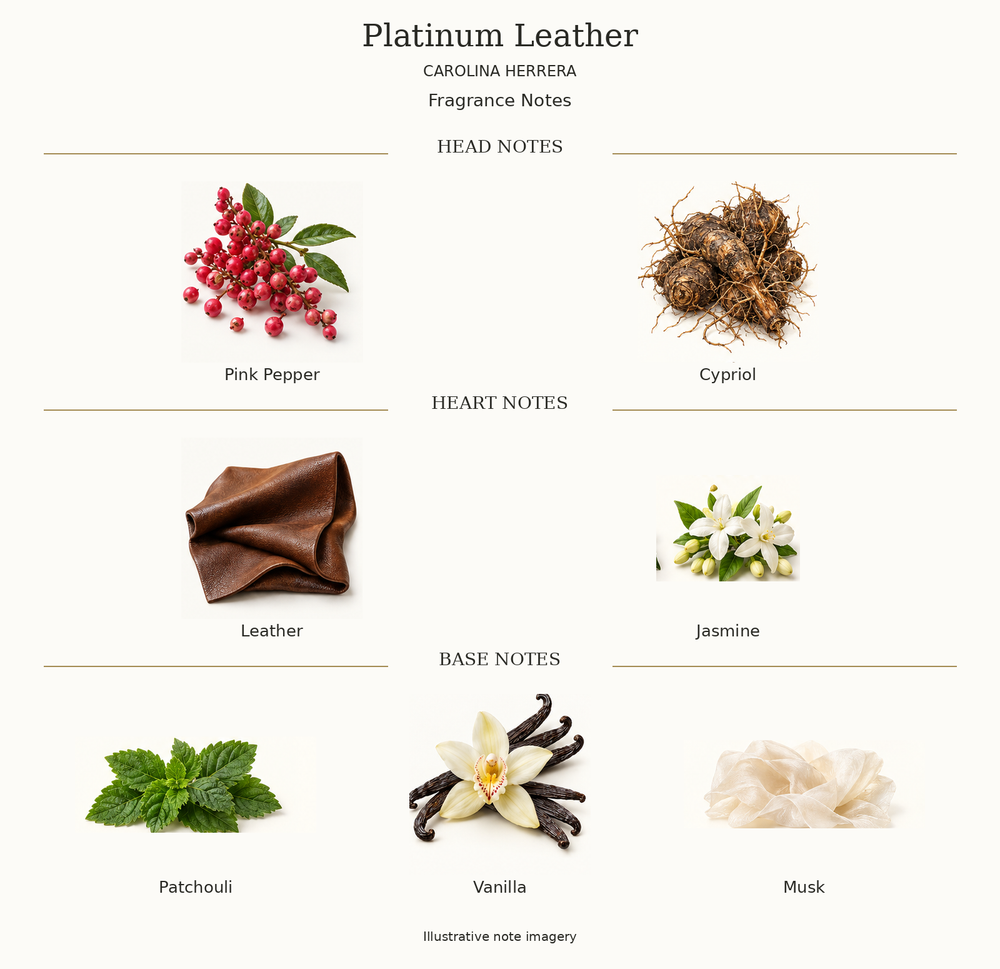 PLATINUM LEATHER by CAROLINA HERRERA complete disclosed fragrance notes chart with illustrative ingredient imagery