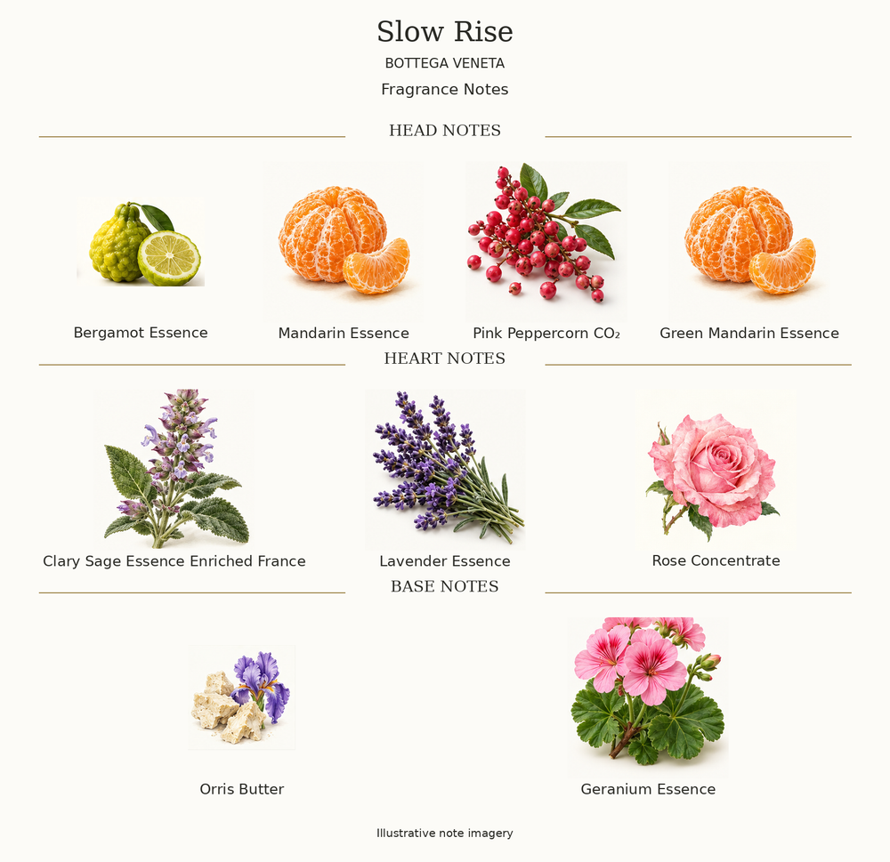 SLOW RISE by BOTTEGA VENETA complete disclosed fragrance notes chart with illustrative ingredient imagery