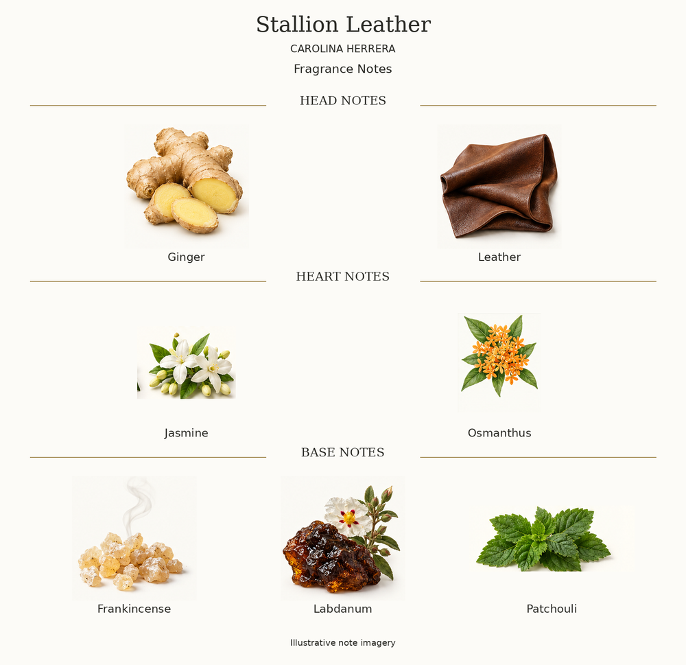 STALLION LEATHER by CAROLINA HERRERA complete disclosed fragrance notes chart with illustrative ingredient imagery