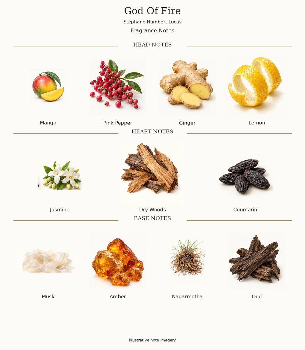 God Of Fire complete illustrated fragrance notes: Mango, Pink Pepper, Ginger, Lemon; Jasmine, Dry Woods, Coumarin; Musk, Amber, Nagarmotha, Oud
