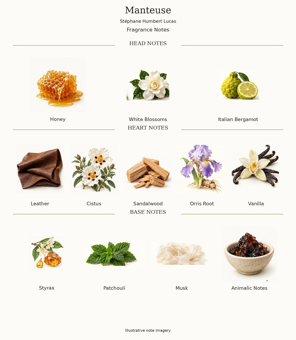 Manteuse complete illustrated fragrance notes: Honey, White Blossoms, Italian Bergamot; Leather, Cistus, Sandalwood, Orris Root, Vanilla; Styrax, Patchouli, Musk, Animalic Notes