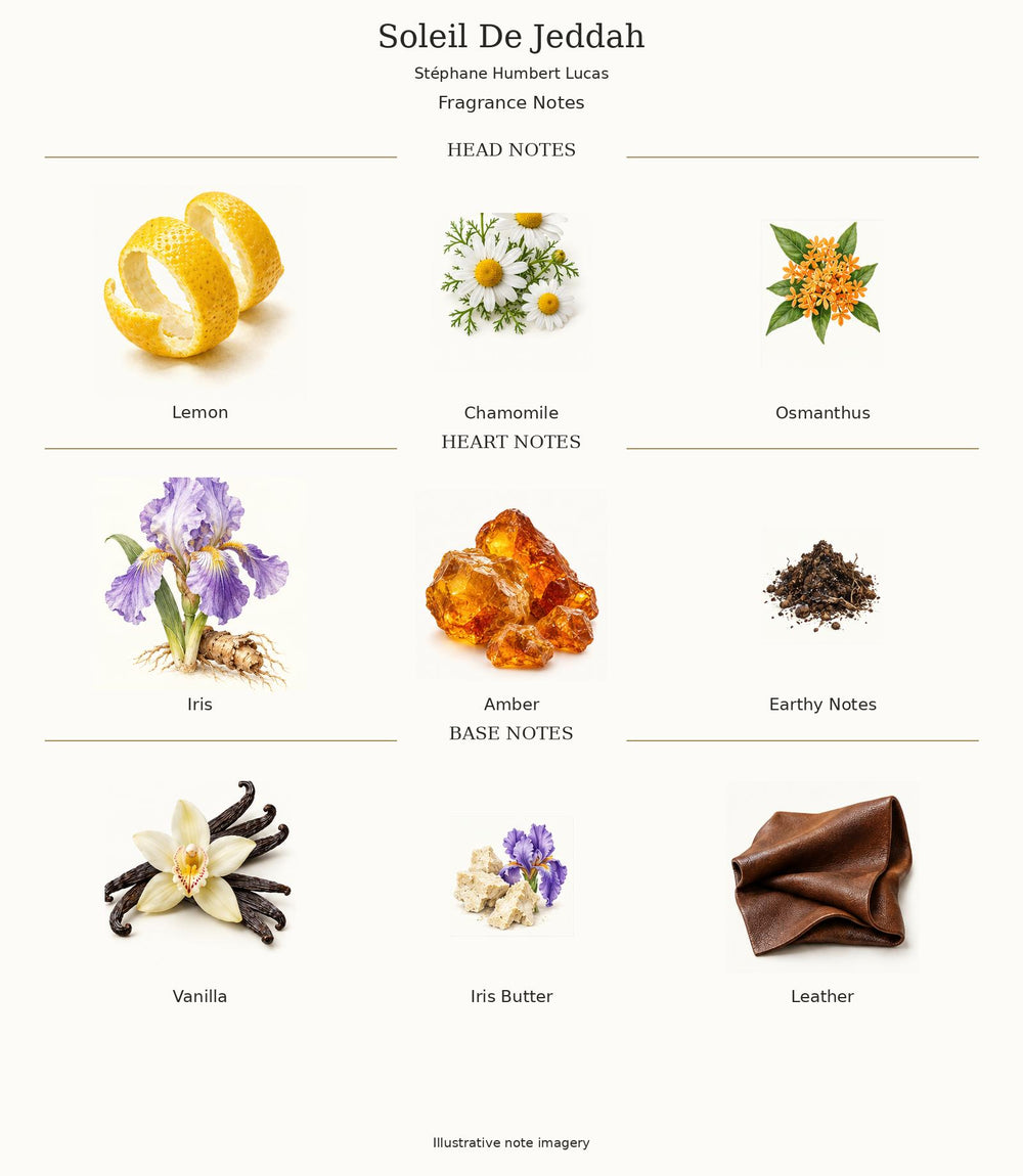 Soleil De Jeddah complete illustrated fragrance notes: Lemon, Chamomile, Osmanthus; Iris, Amber, Earthy Notes; Vanilla, Iris Butter, Leather
