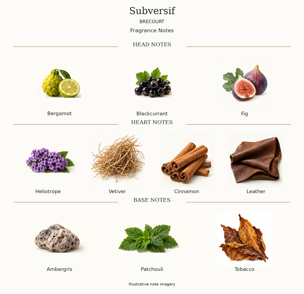 SUBVERSIF by BRECOURT complete disclosed fragrance notes chart with illustrative ingredient imagery