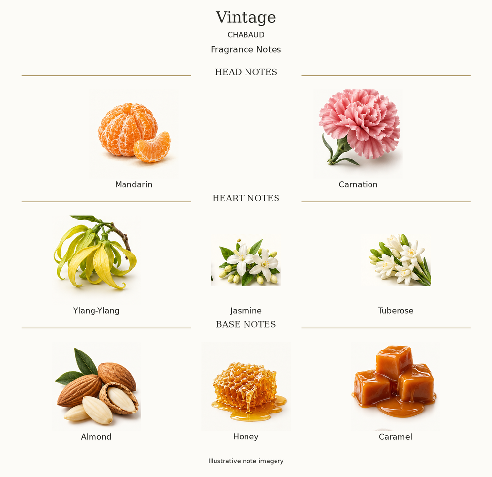 VINTAGE by CHABAUD complete disclosed fragrance notes chart with illustrative ingredient imagery