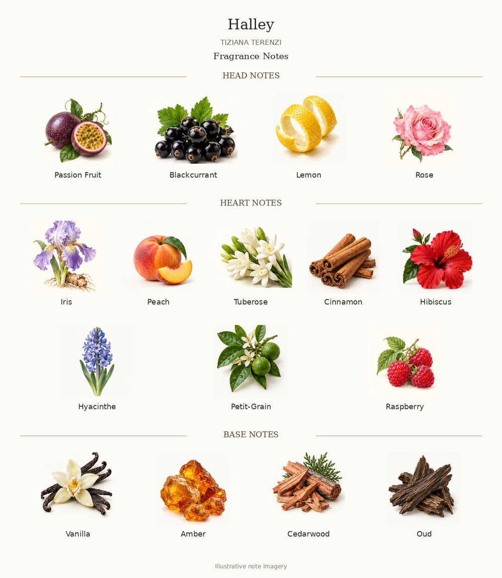 Halley by TIZIANA TERENZI fragrance notes: Passion Fruit, Blackcurrant, Lemon, Rose, Iris, Peach, Tuberose, Cinnamon, Hibiscus, Hyacinthe, Petit-Grain, Raspberry, Vanilla, Amber, Cedarwood, Oud