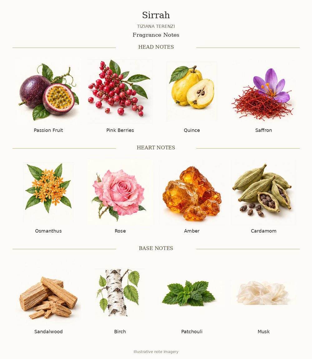 Sirrah by TIZIANA TERENZI fragrance notes: Passion Fruit, Pink Berries, Quince, Saffron, Osmanthus, Rose, Amber, Cardamom, Sandalwood, Birch, Patchouli, Musk