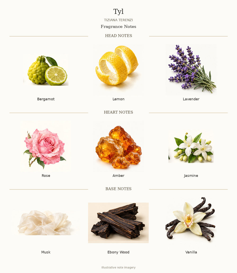 Tyl by TIZIANA TERENZI fragrance notes: Bergamot, Lemon, Lavender, Rose, Amber, Jasmine, Musk, Ebony Wood, Vanilla