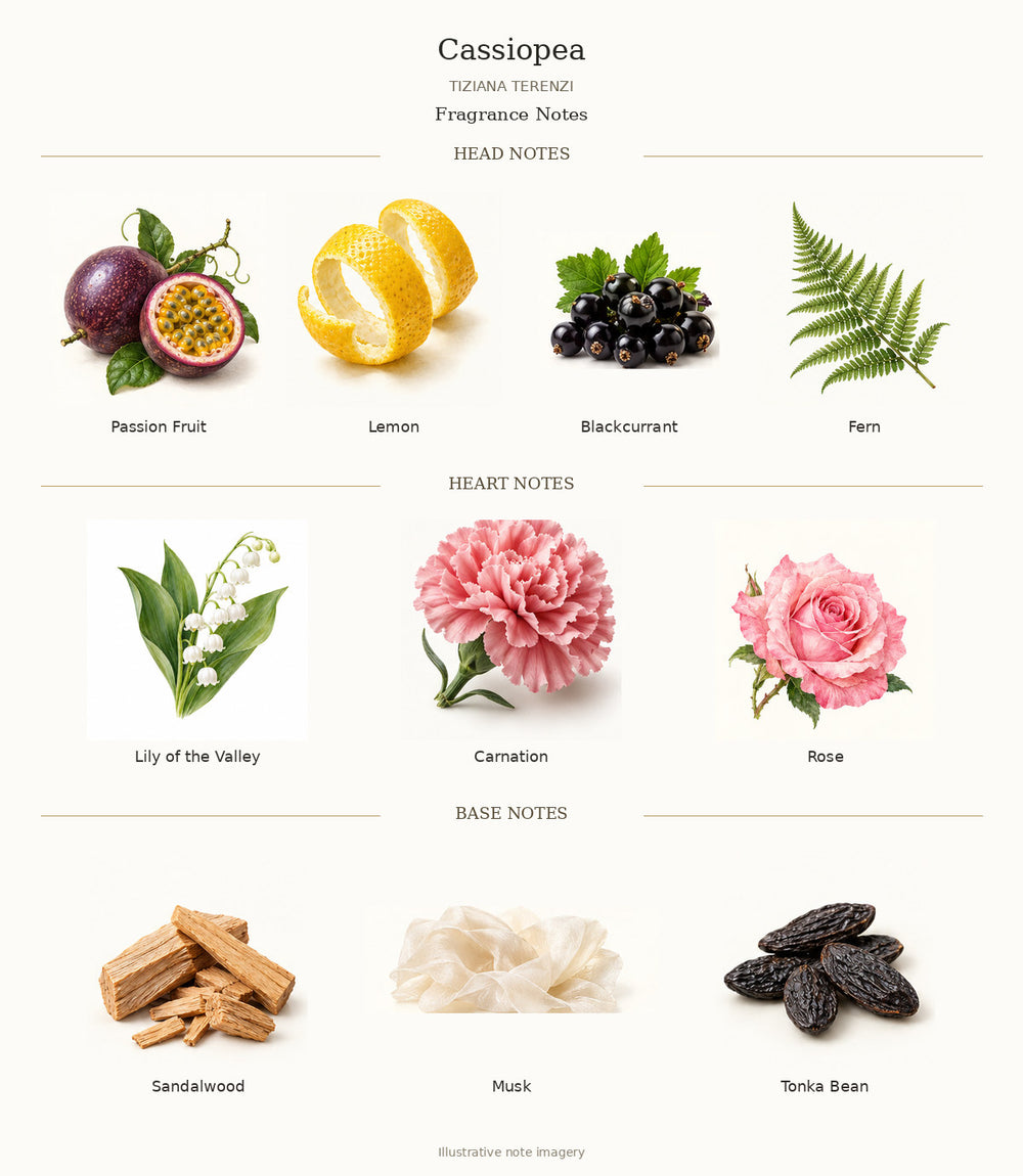 Cassiopea by TIZIANA TERENZI fragrance notes: Passion Fruit, Lemon, Blackcurrant, Fern, Lily of the Valley, Carnation, Rose, Sandalwood, Musk, Tonka Bean