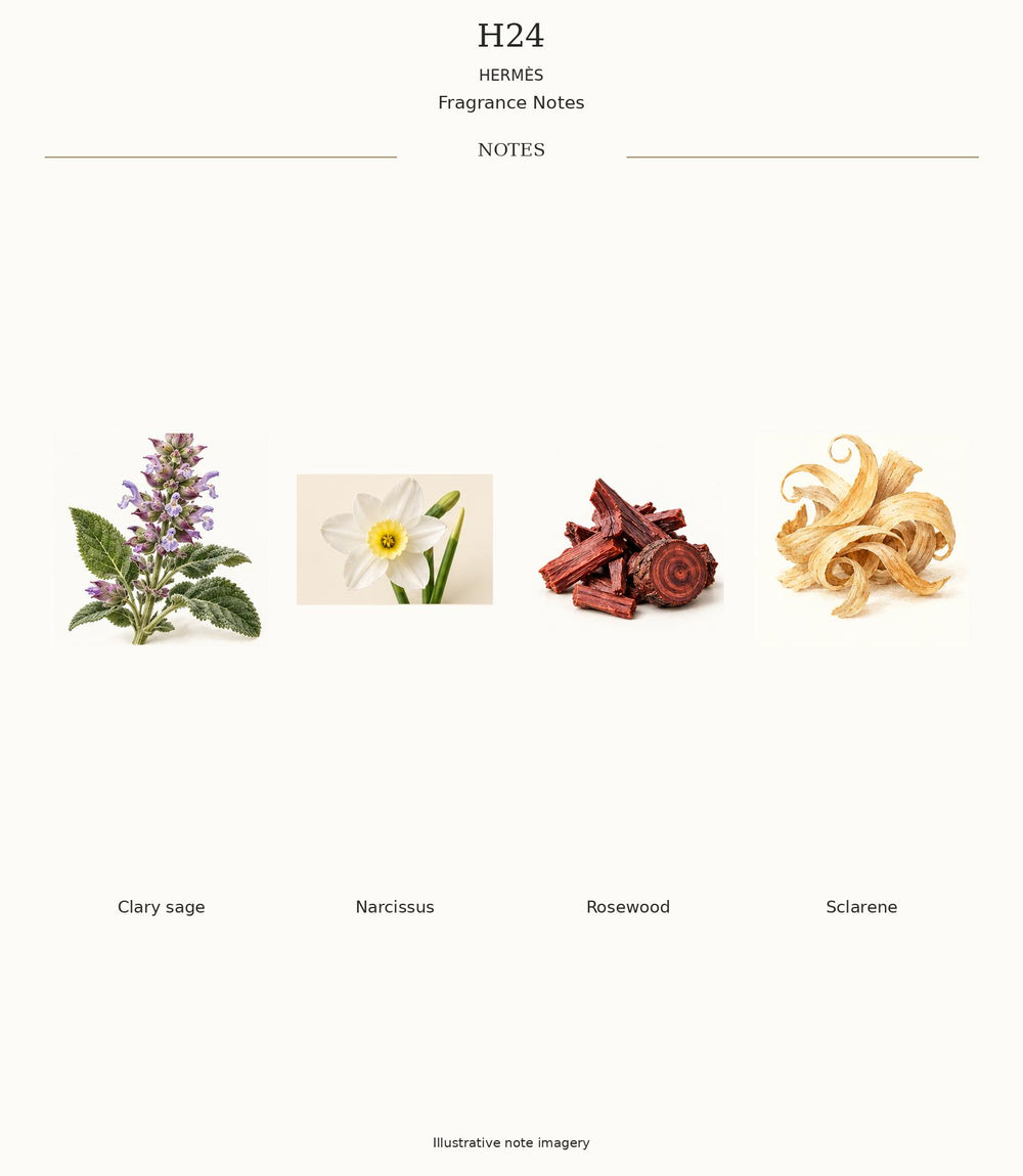 H24 by Hermès complete notes: clary sage, narcissus, rosewood and sclarene