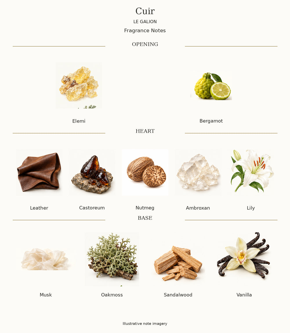 Complete fragrance notes for Cuir: Opening: Elemi, Bergamot; Heart: Leather, Castoreum, Nutmeg, Ambroxan, Lily; Base: Musk, Oakmoss, Sandalwood, Vanilla