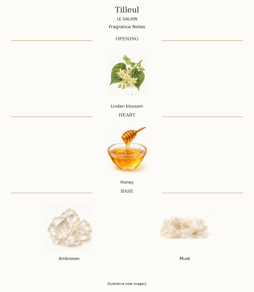 Complete fragrance notes for Tilleul: Opening: Linden blossom; Heart: Honey; Base: Ambroxan, Musk