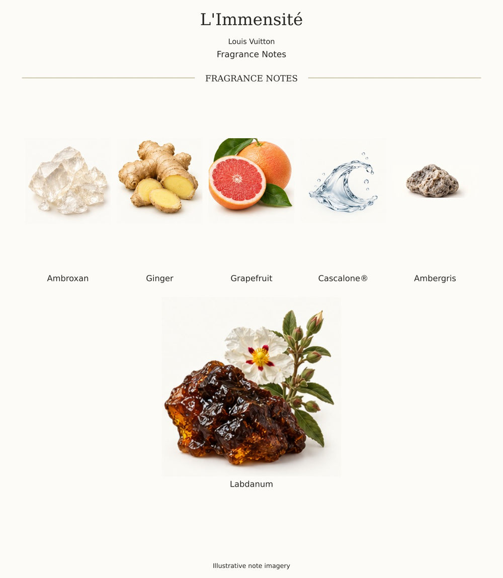 Louis Vuitton L'Immensité complete verified fragrance notes; illustrative ingredient imagery