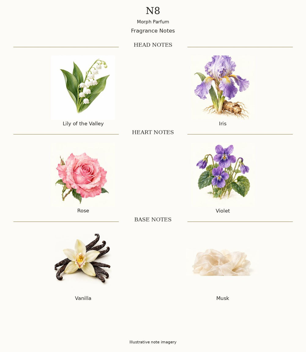 N8 by Morph Parfum complete opening, heart and base notes; illustrative imagery