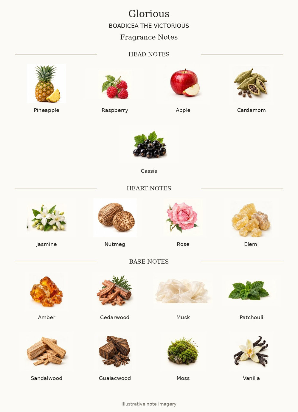 GLORIOUS by BOADICEA THE VICTORIOUS — complete illustrated fragrance notes