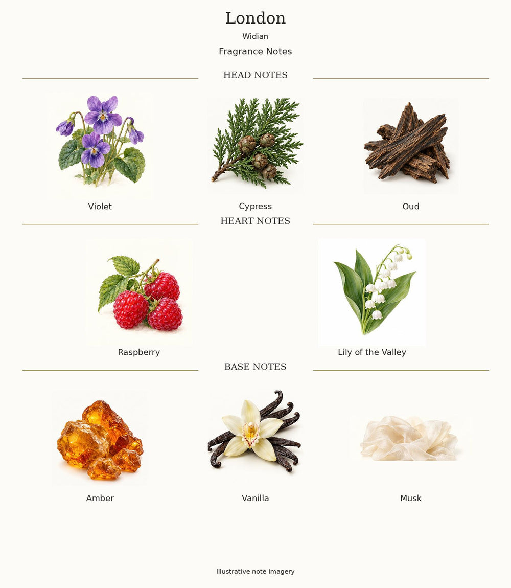 Widian London — complete fragrance notes; illustrative material artwork
