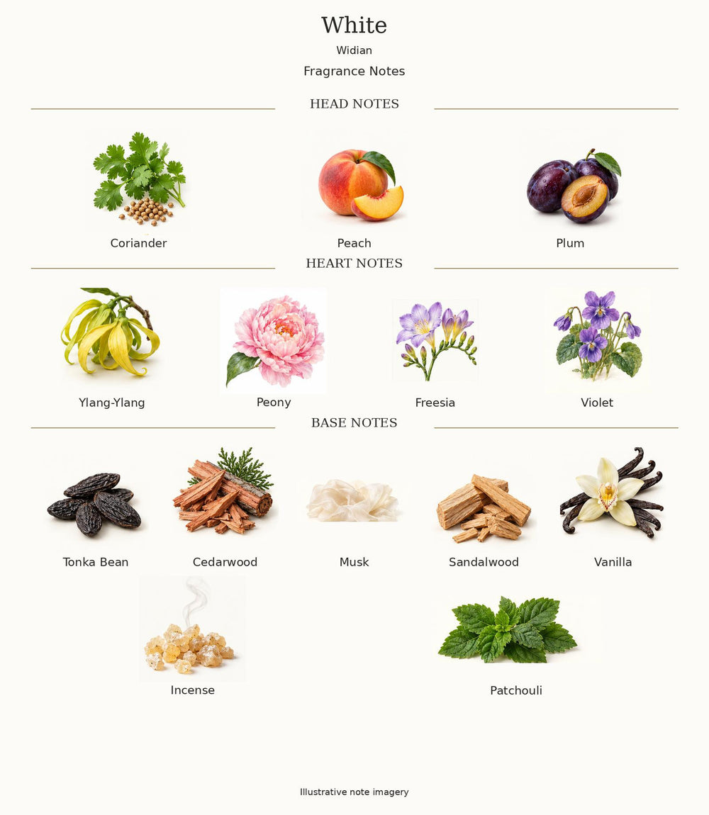 Widian White — complete fragrance notes; illustrative material artwork