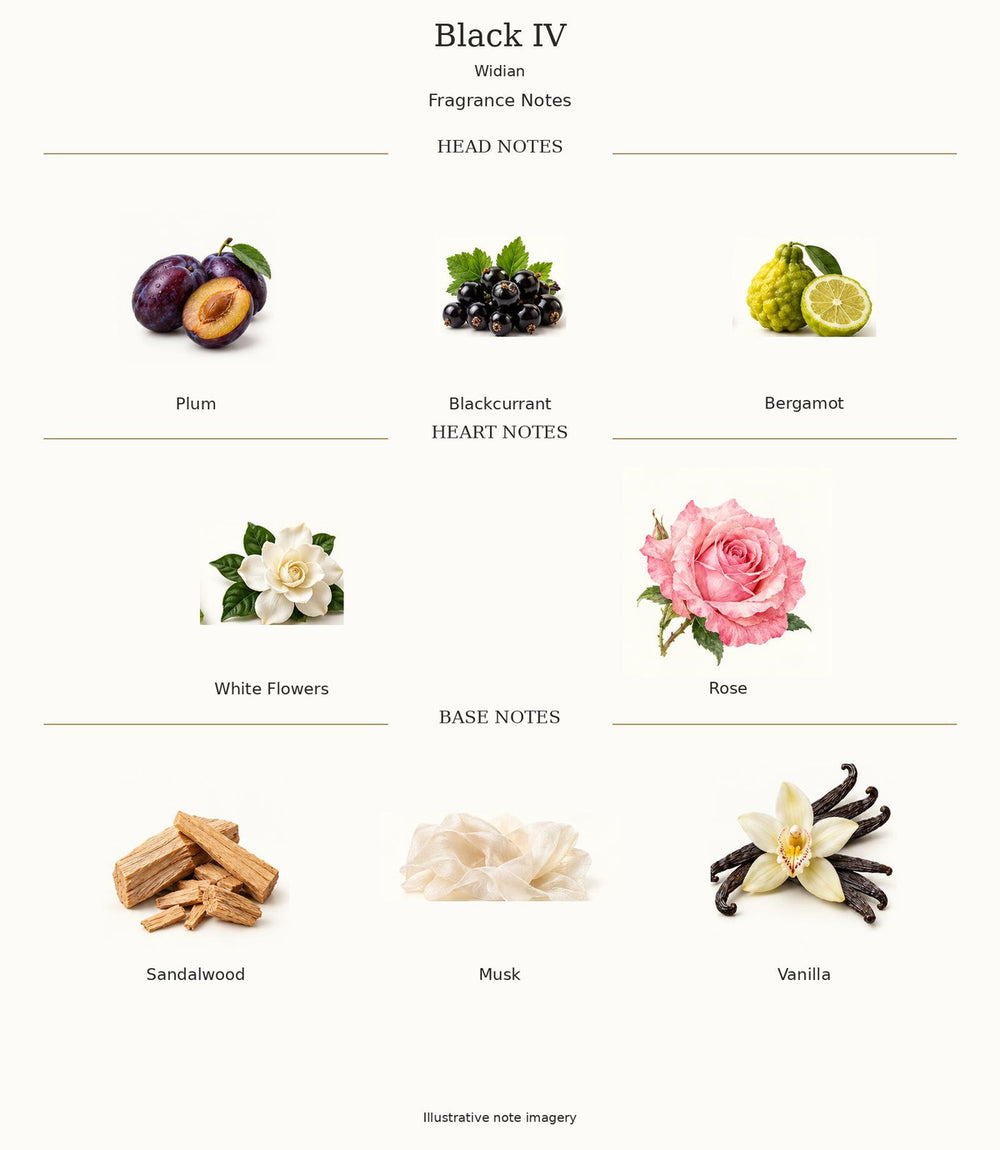 Widian Black IV — complete fragrance notes; illustrative material artwork