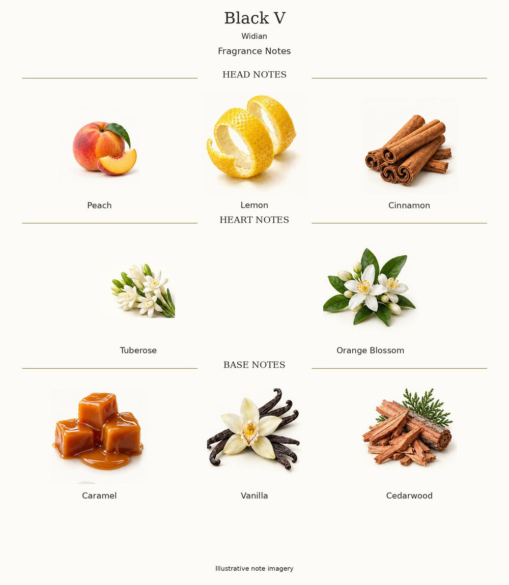 Widian Black V — complete fragrance notes; illustrative material artwork