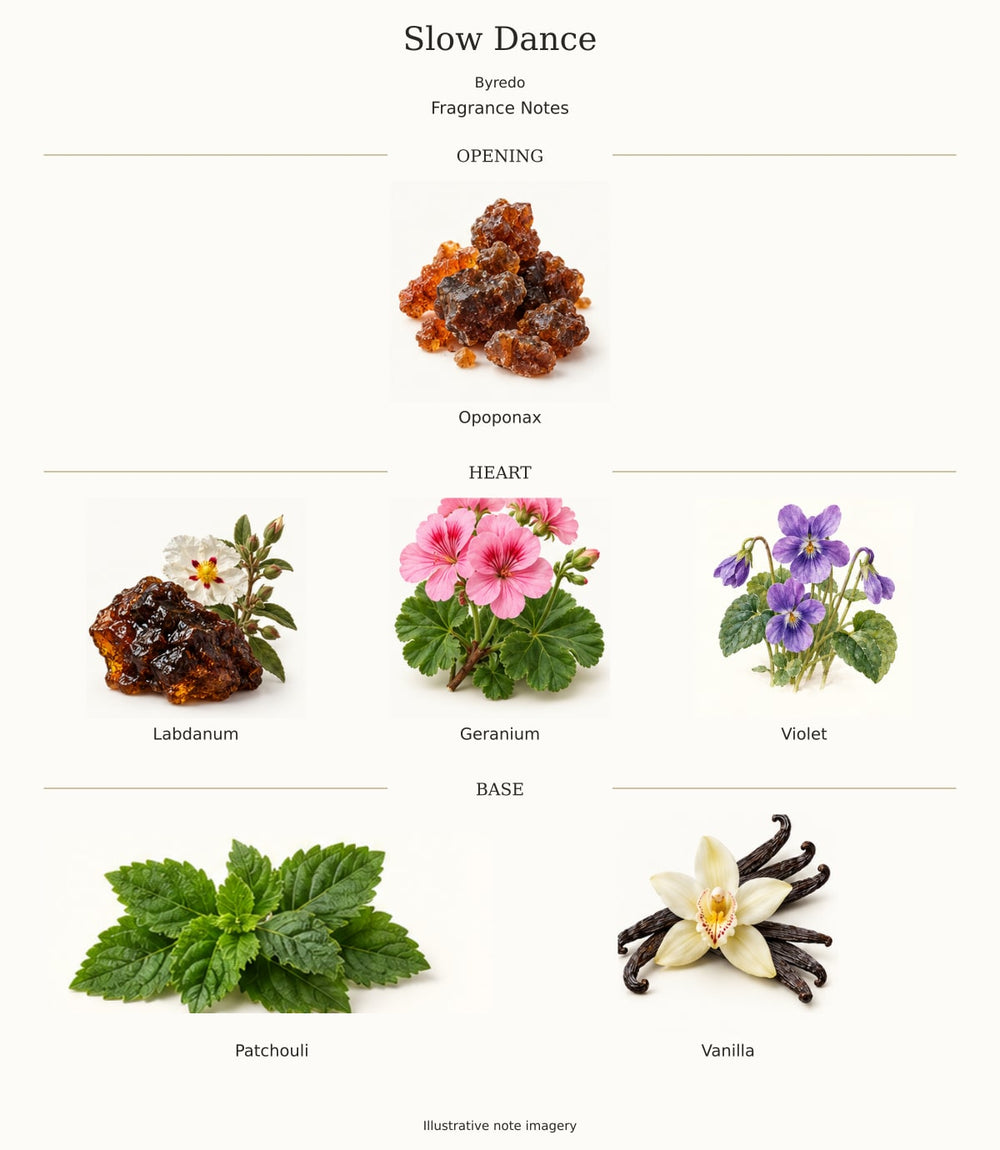 Slow Dance — illustrated opening, heart and base fragrance notes