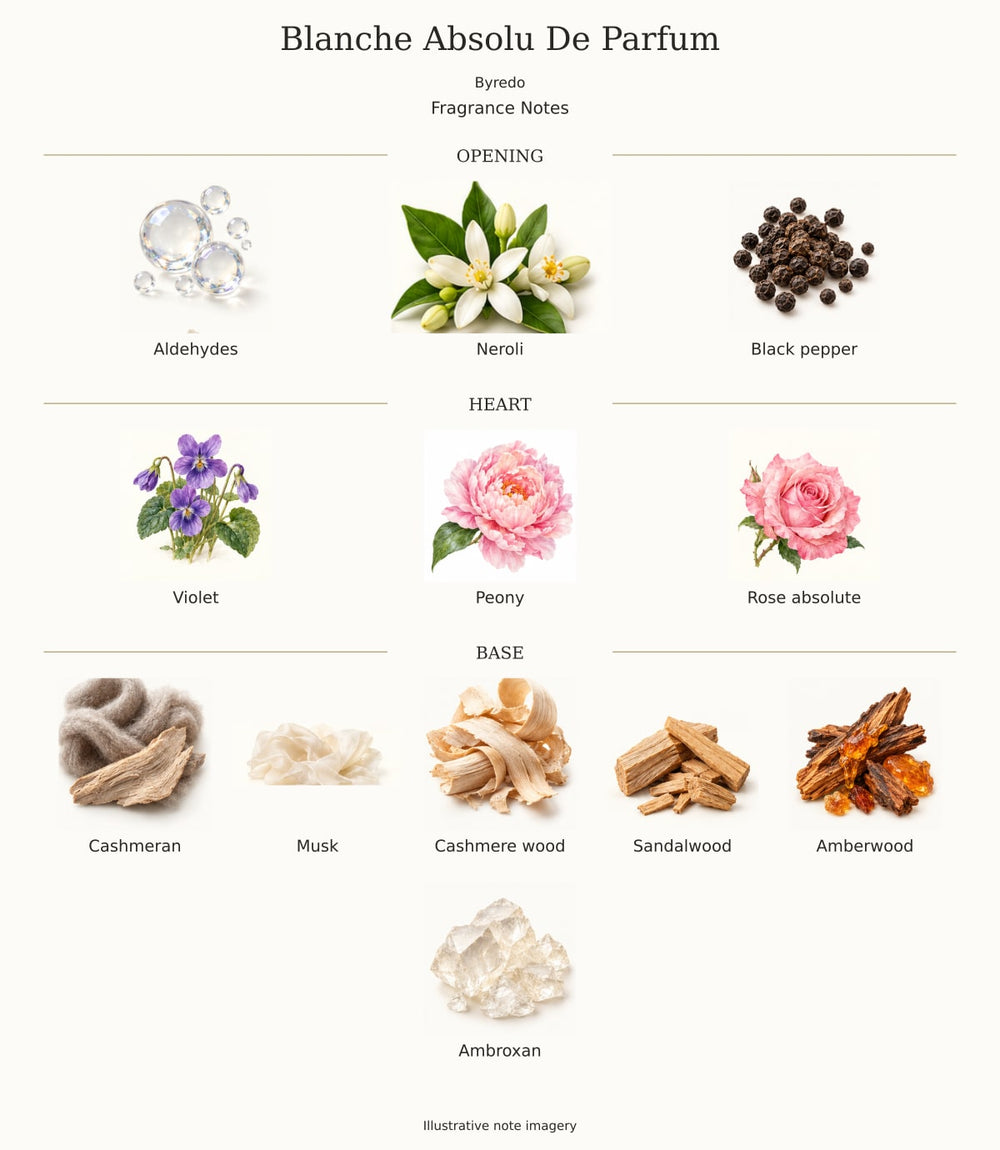 Blanche Absolu De Parfum — illustrated opening, heart and base fragrance notes