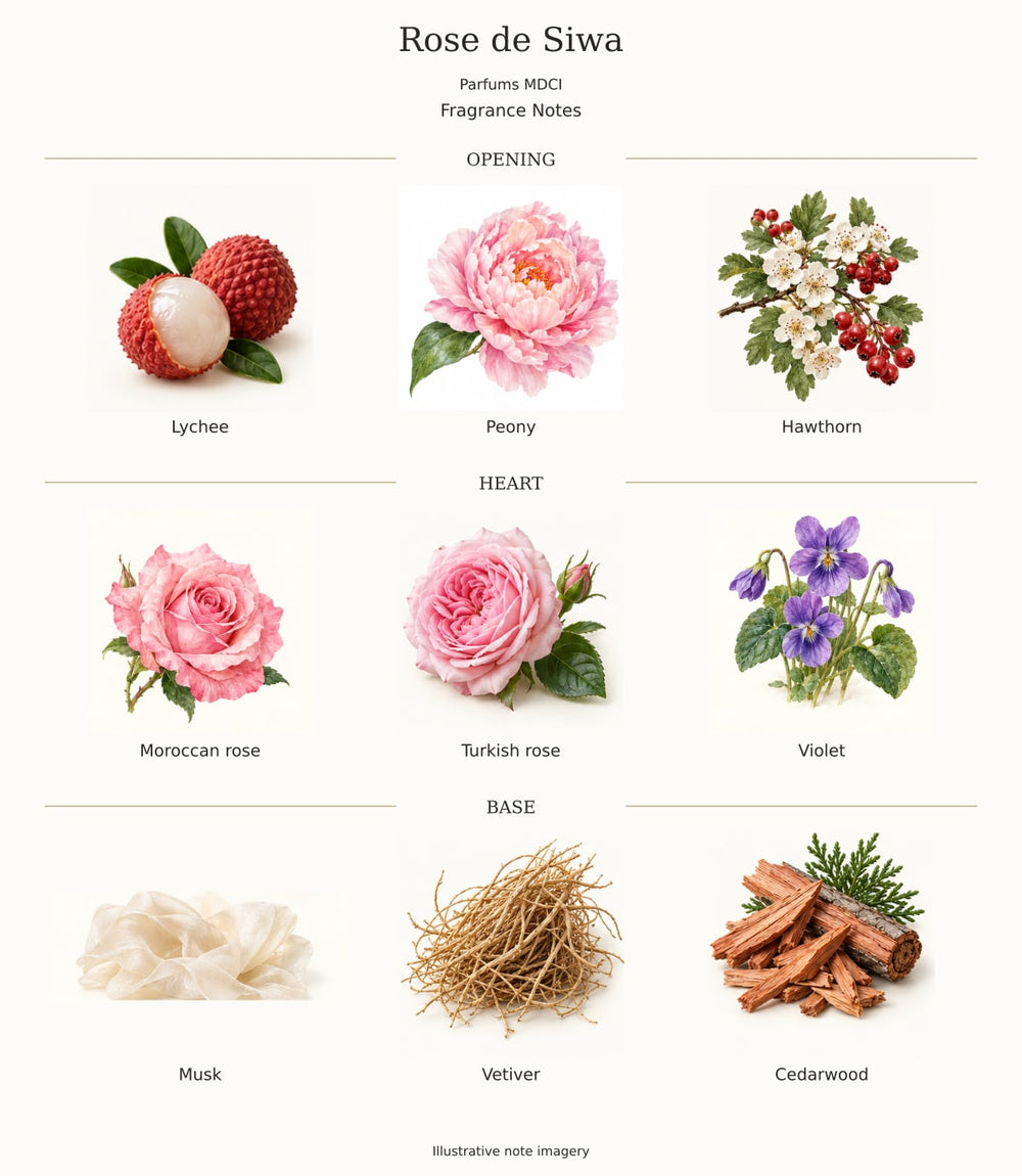 Rose de Siwa — illustrated opening, heart and base fragrance notes